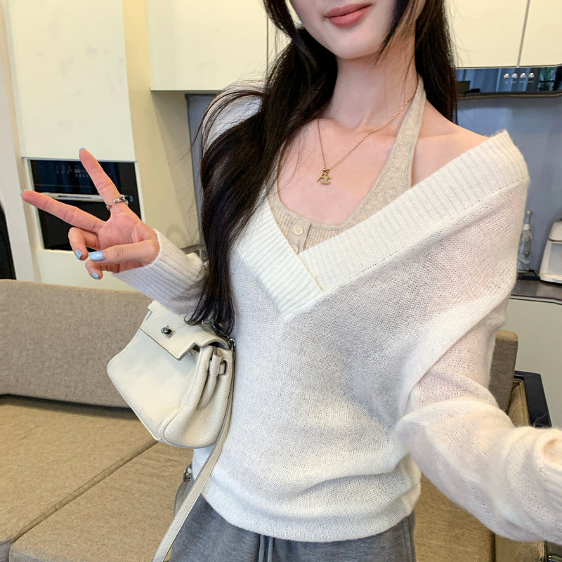 Faux Two-Piece Wool White V-Neck Knit Sweater for Women, Loose Bohemian Style Angora Top