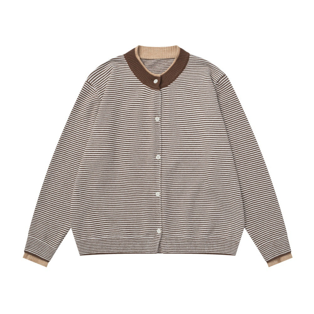Fake two striped cardigans and round neck sweaters