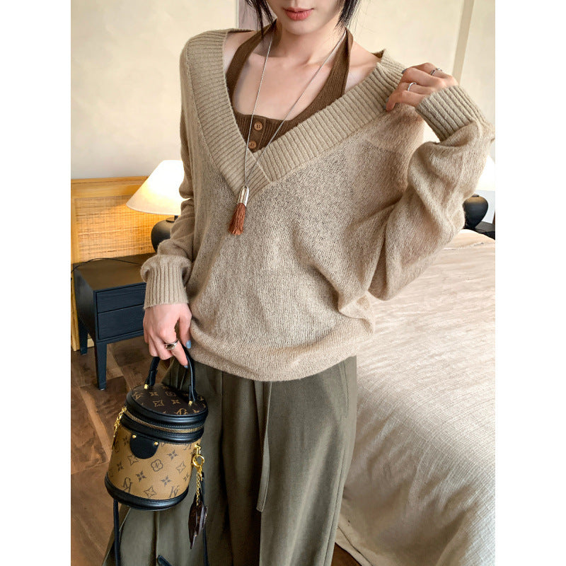 Faux Two-Piece Wool White V-Neck Knit Sweater for Women, Loose Bohemian Style Angora Top