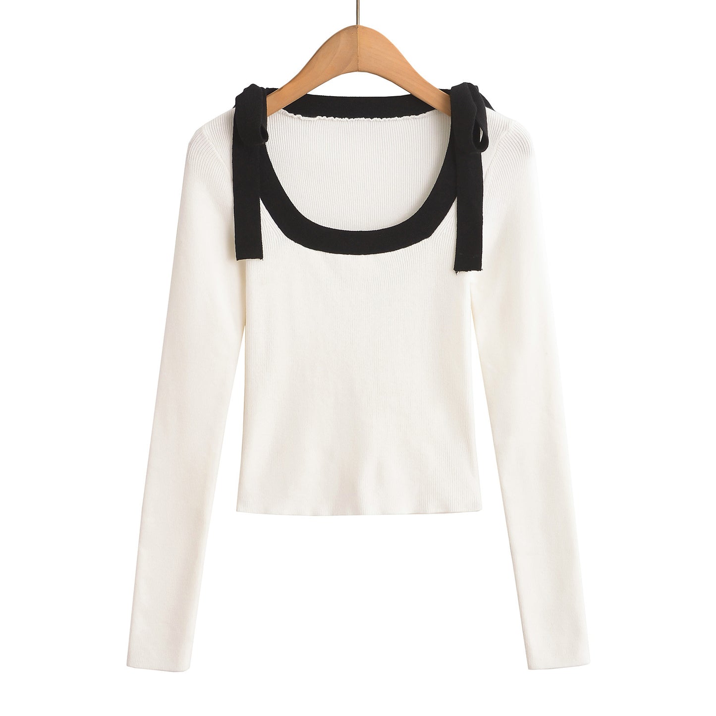 Square neck slim fit butterfly bow ribbon sweater