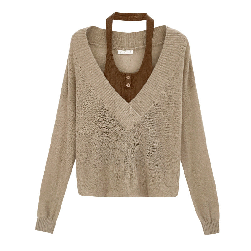 Faux Two-Piece Wool White V-Neck Knit Sweater for Women, Loose Bohemian Style Angora Top