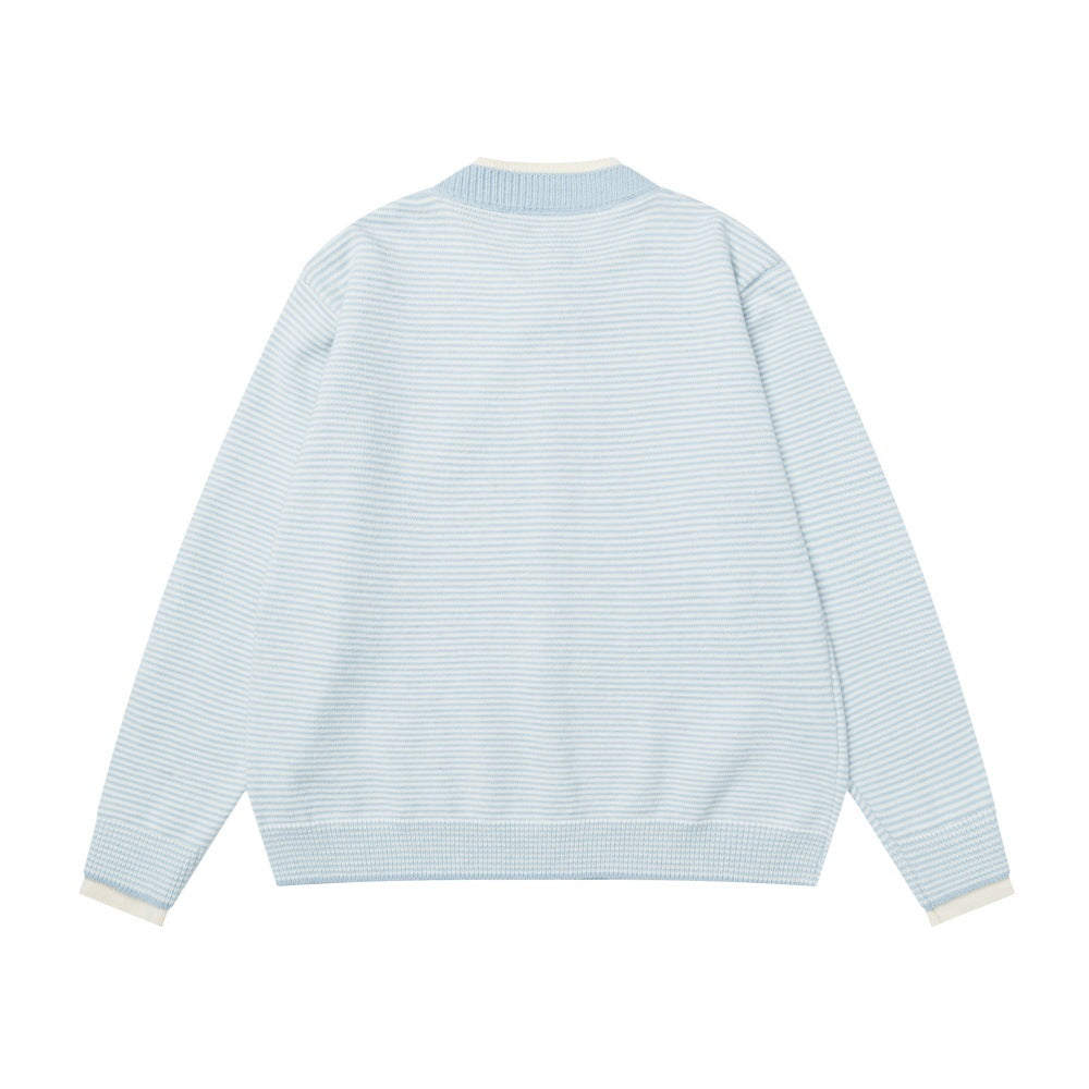 Fake two striped cardigans and round neck sweaters