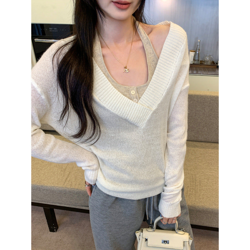 Faux Two-Piece Wool White V-Neck Knit Sweater for Women, Loose Bohemian Style Angora Top