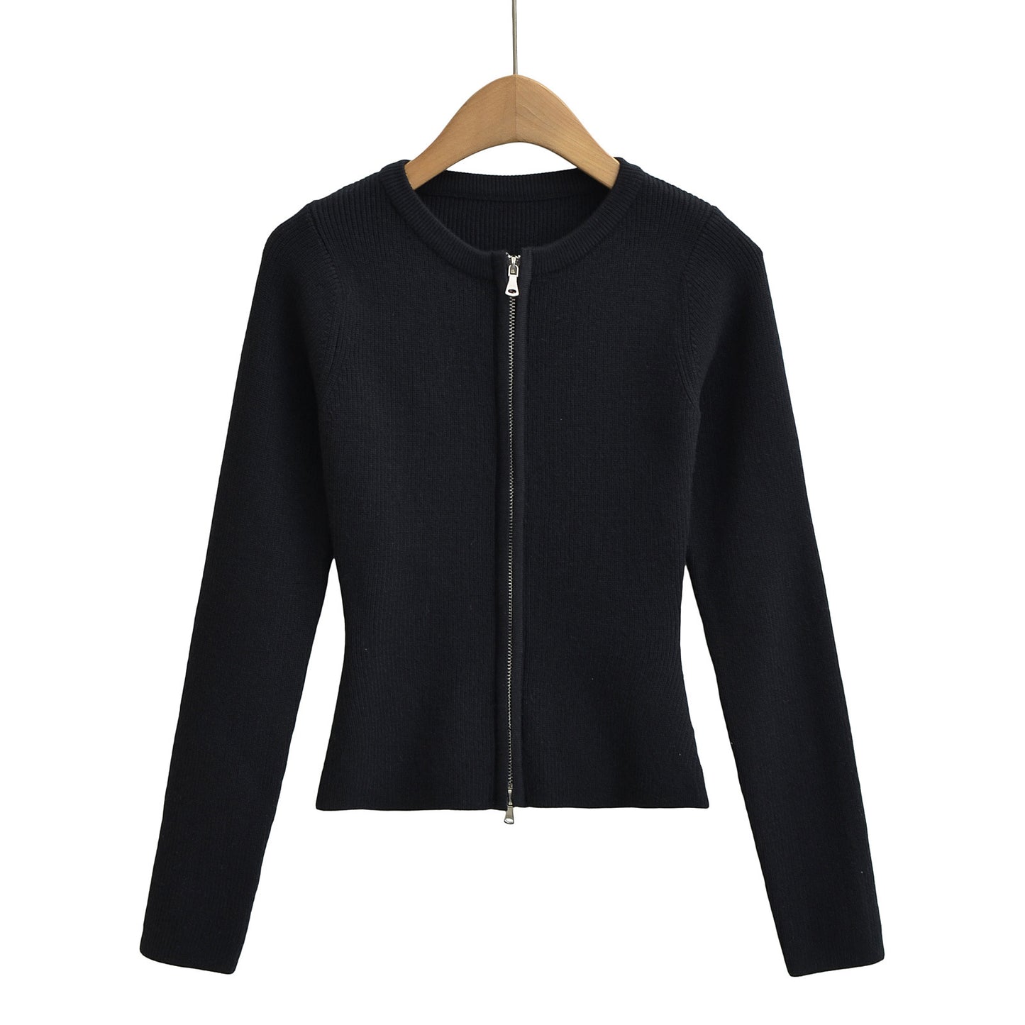 Round neck long sleeved slim fit short cardigan sweater