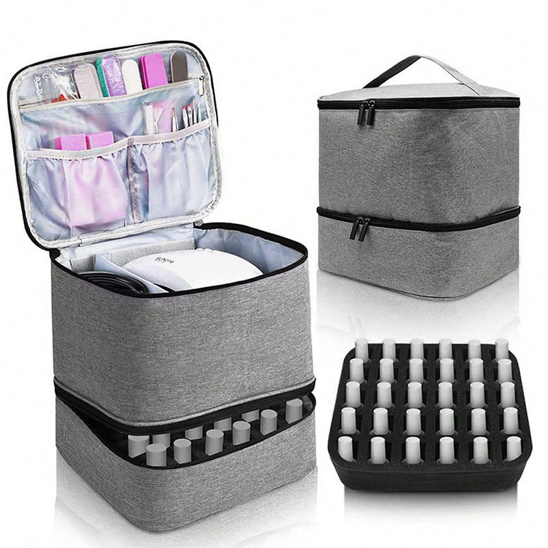 Portable 30-Compartment Nail Organizer Case with Polish & Oil Bags, All-in-One Manicure Tools & Cosmetic Storage Kit