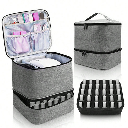 Portable 30-Compartment Nail Organizer Case with Polish & Oil Bags, All-in-One Manicure Tools & Cosmetic Storage Kit