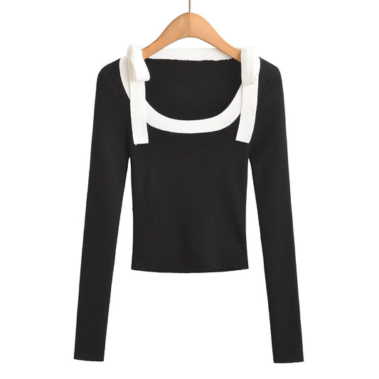 Square neck slim fit butterfly bow ribbon sweater