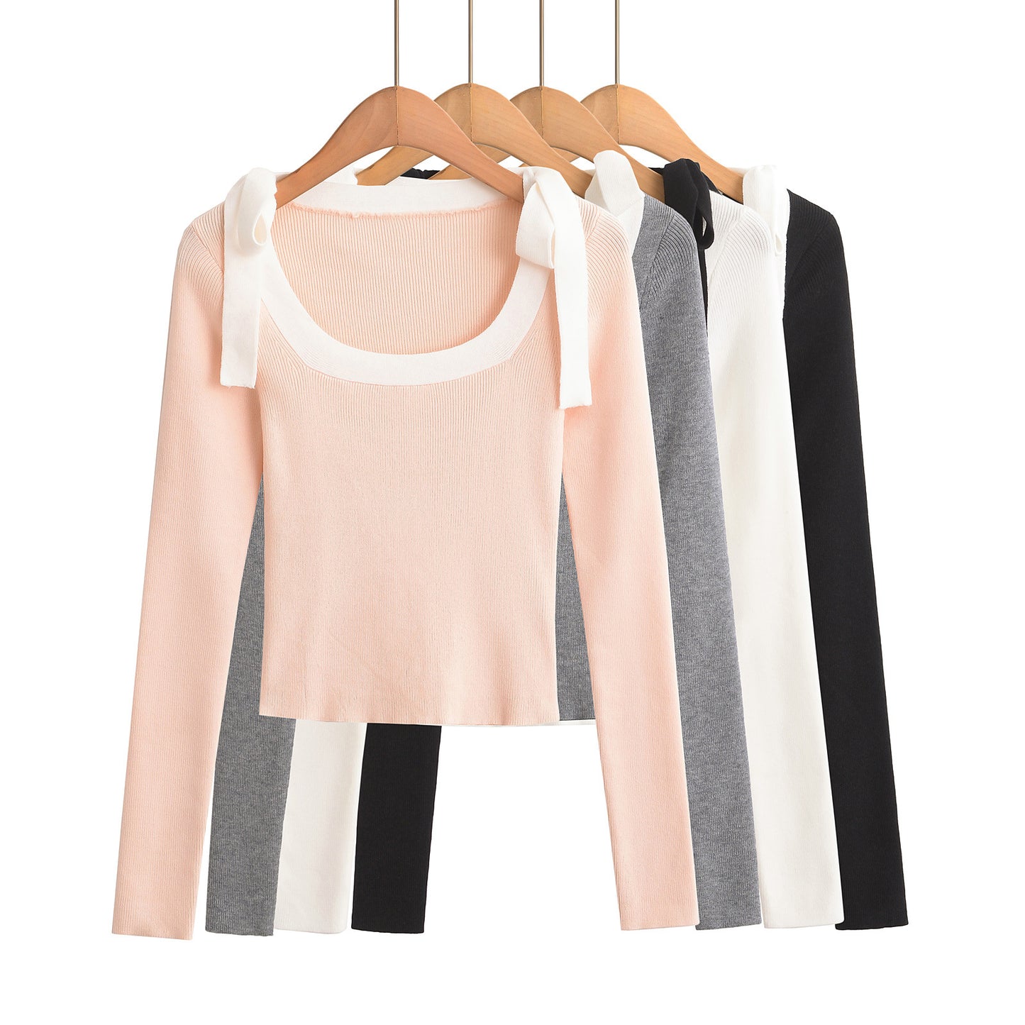 Square neck slim fit butterfly bow ribbon sweater